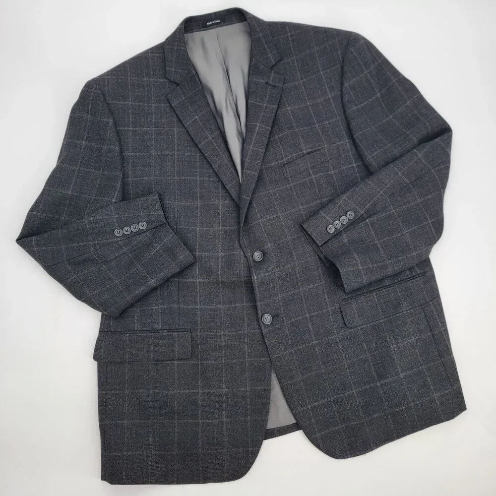 Pronto Uomo Platinum Mens 52R Charcoal Grey Windowpane 100% Wool 2-Vent Blazer